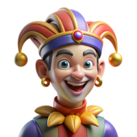 impressive minimalist Portrait of a mischievous jester with colorful makeup and a bells-adorned hat, illuminated by stage lighting, in a Renaissance style high quality png