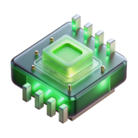 dramatic rustic A levitating transparent computer chip with intricate circuitry, illuminated by glowing green light, in a minimalist style high quality png