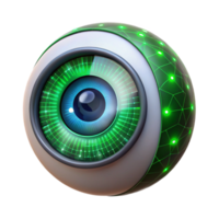 serene rustic A cyborg eye with intricate iris details zooming in on binary code, illuminated by a scanning green laser, in a cyberpunk style high resolution png