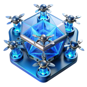 magnificent rustic A swarm of miniature drones assembling a complex crystal lattice structure, lit by cool blue spotlights, in a futuristic style premium png