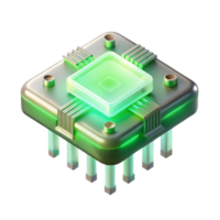 impressive abstract A levitating transparent computer chip with intricate circuitry, illuminated by glowing green light, in a minimalist style premium png