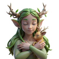 vibrant minimalist A serene dryad with bark-like skin and flowing vine hair, cradling a fawn, bathed in dappled sunlight filtering through ancient trees. Impressionist style high quality png