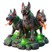 serene modern Cerberus, the three-headed hound of Hades, with glowing red eyes and dripping saliva, chained to a obsidian rock, dimly lit by flickering green flames. Dark fantasy style genuine png