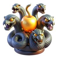 wonderful creative A mysterious hydra with multiple serpentine heads, guarding a golden apple, illuminated by a magical aura. Symbolism style high quality png