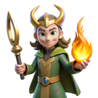 elegant modern A cunning Loki, the Norse trickster god, with a mischievous grin, holding a flaming sword, illuminated by flickering firelight. Norse style 4K png