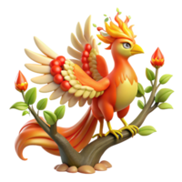 vibrant artistic A majestic Slavic firebird Zhar-Ptitsa, with fiery feathers, perched on a blooming apple tree, illuminated by its own radiance. Slavic folklore style professional png