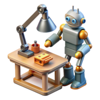 dramatic vintage A disassembled robot scattered across a workbench, lit by the bright light of a workshop lamp, in a detailed, technical style detailed png