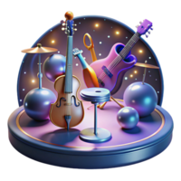 beautiful minimalist A group of floating musical instruments playing themselves, illuminated by stage lighting. Surrealism style exclusive png
