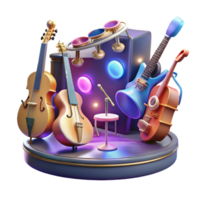 extraordinary abstract A group of floating musical instruments playing themselves, illuminated by stage lighting. Surrealism style high quality png