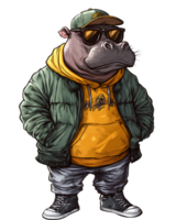 Stylish Hippo Character Strutting with Confidence in City Setting png