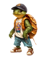 Adventurous Turtle Character in Casual Attire with Backpack and Cap png