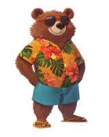 Laid back Cartoon Bear Character Wearing Hawaiian Shirt in Tropical Setting png