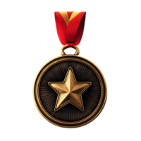 Shiny Gold Military Medal with Red Ribbon Representing Prestigious Achievement and Heroic Distinction png