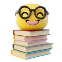 Cheerful Emoji Face with Eyeglasses Atop a Stack of Books Symbolizing Education and Learning png