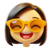 Playful and Expressive Emoji Representation of a Smiling Female Character with Sunglasses Against White Background png