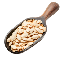 Pumpkin Seeds in a Rustic Wooden Scoop on White Background png