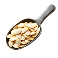 Closeup of Pumpkin Seeds in a Rustic Wooden Scoop on a White Background png