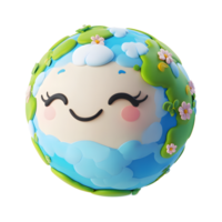 Cute and Whimsical Kawaii Cartoon Earth Globe with a Cheerful Smiling Face Surrounded by Lush Greenery and Floating in Space png