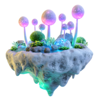 Whimsical Alien Planet with Floating Mystical Mushrooms and Glowing Organic Spheres png
