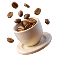 3d Coffee Beans Falling into a Beige Coffee Cup and Saucer png
