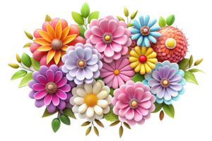Vibrant 3D Render of a Colorful Flower Bouquet with Lush Petals and Green Leaves png
