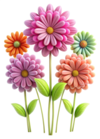 Vibrant Bouquet of Five Colorful 3D Flowers with Green Leaves png