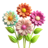 Vibrant 3D Render of a Bouquet of Colorful Cartoon Flowers with Glossy Petals and Green Leaves png