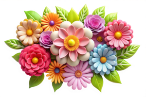 Vibrant 3D Render of Colorful Flower Bouquet with Lush Green Leaves png
