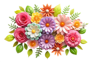 Vibrant 3D Render of a Colorful Flower Bouquet with Paper Flowers and Lush Green Leaves png