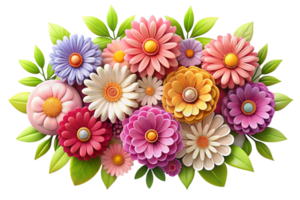 Vibrant 3D Render of a Colorful Flower Bouquet with Various Blossoms and Lush Green Leaves png