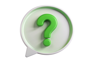 Green question mark in a white speech bubble 3D rendering, help support FAQ information inquiry png