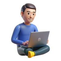 3D Render of a Smiling Man Sitting Crosslegged and Working on a Laptop Computer png