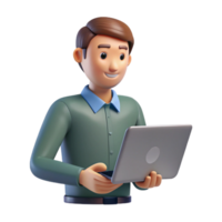 Smiling 3D Cartoon Man Using Laptop Computer Technology png