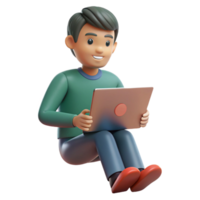 Smiling 3D Cartoon Man Sitting and Using a Laptop Computer png