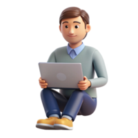 3D Render of a Smiling Man Sitting Crosslegged with a Laptop Computer png