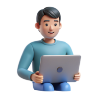 Smiling 3D Cartoon Man Using Laptop Computer Happy Expression Technology png