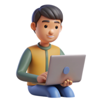 3D Render of a Smiling Boy Using a Laptop Computer png