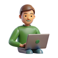 Smiling 3D Cartoon Man Working on Laptop Computer png