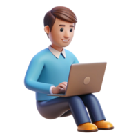 3d render do uma sorridente homem sentado e usando uma computador portátil computador png