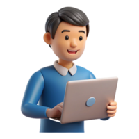 Smiling 3D Cartoon Man Using a Laptop Computer for Work or Study png