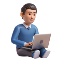 3D Render of a Smiling Man Sitting Crosslegged and Using a Laptop Computer png