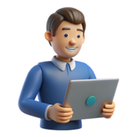Smiling 3D Cartoon Man Using a Tablet Computer Device png