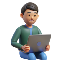 Smiling 3D Cartoon Boy Using Laptop Computer Sitting on Floor png