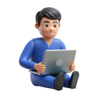 3D Render of a Happy Cartoon Man Sitting and Using a Laptop Computer png