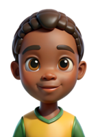 Adorable 3D Render of a Smiling Young Boy with Braids Wearing a Yellow and Green Shirt png