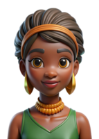 A stunning 3D render of a young Black girl with a joyful expression, adorned with traditional African jewelry and a vibrant green outfit png