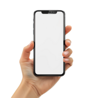 A hand holding a smartphone with a blank white screen, showcasing mobile technology and app interface design png