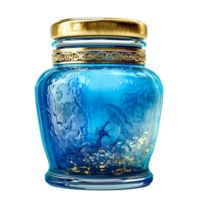 Stunning Blue Glass Jar with Gold Accents and Intricate Design png