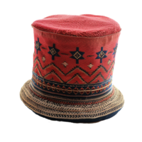 Unique handcrafted red and navy hat with intricate geometric patterns and beaded accents png