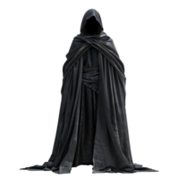 Mysterious Figure in a Dark Hooded Cloak and Robe, Standing Against a Gray and White Striped Background png